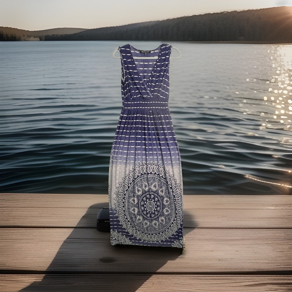 Boho V Neck Maxi Lightweight Mandala Striped Stretchy Summer Beach Swim Empire M